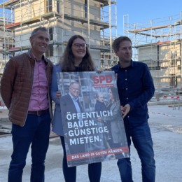 Landtagskandidatin Antonia Hillberg mit SPD Generalsekretär Kevin Kühnert und Stefan Thiemt mit einem Plakat der SPD mit der Aufschrift "Öffentlich Bauen. Günstig Mieten" auf der Baustelle der Firma Thiemt
